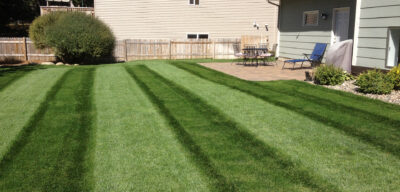 A backyard with neatly mowed green grass showing lawnmower stripes, a patio with outdoor furniture and a lounge chair, bordered by a wooden fence and some bushes near a light-colored house.