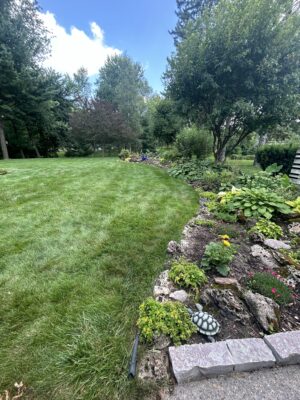 A lush green lawn bordered by a curved, rocky flowerbed with various plants and flowers, leading to tall trees and shrubs under a partly cloudy sky.